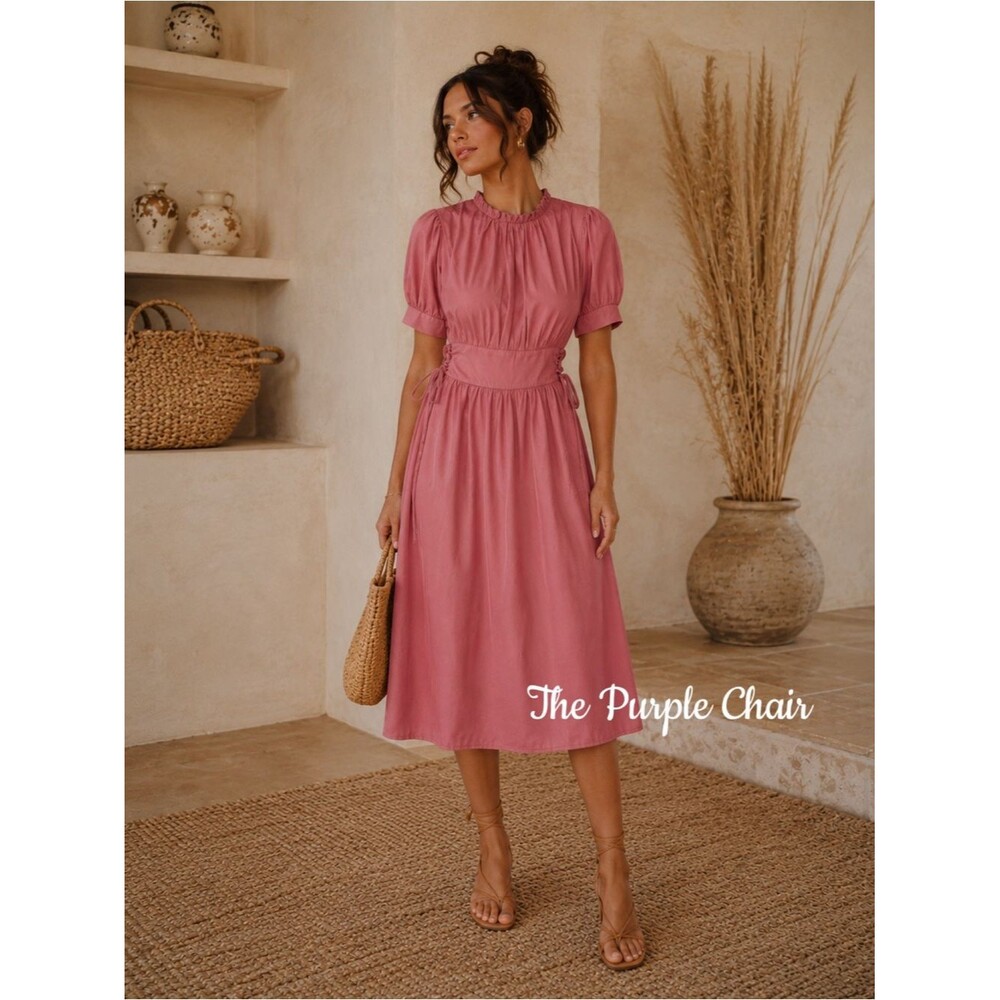 NWT Pink Short Puff Sleeve Side Tie A-Line Midi Dress XL